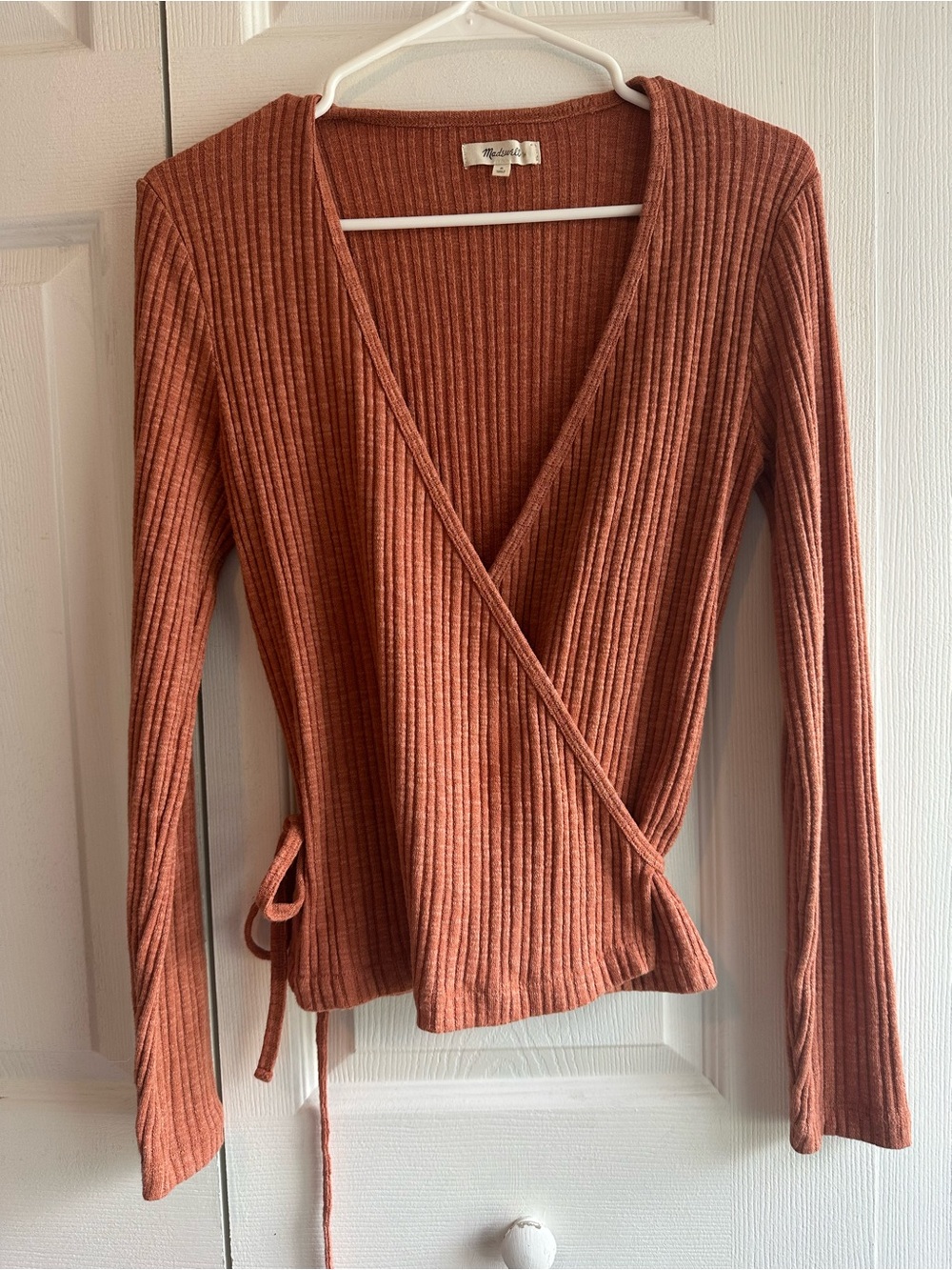 Madewell Ballet Wrap Ribbed Knit Top in Rust